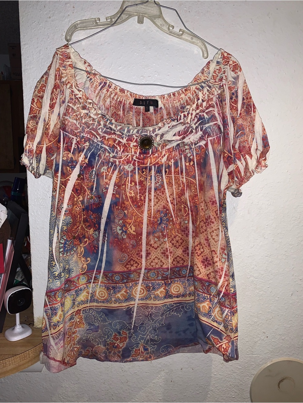 Bila Multicolor Paisley Peasant Top with Accent Button